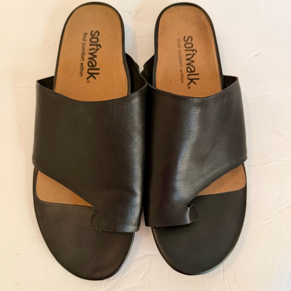 Softwalk Womens Corsica Black leather Comfort Sandals Size 12M toe loop slide on - Picture 2 of 8